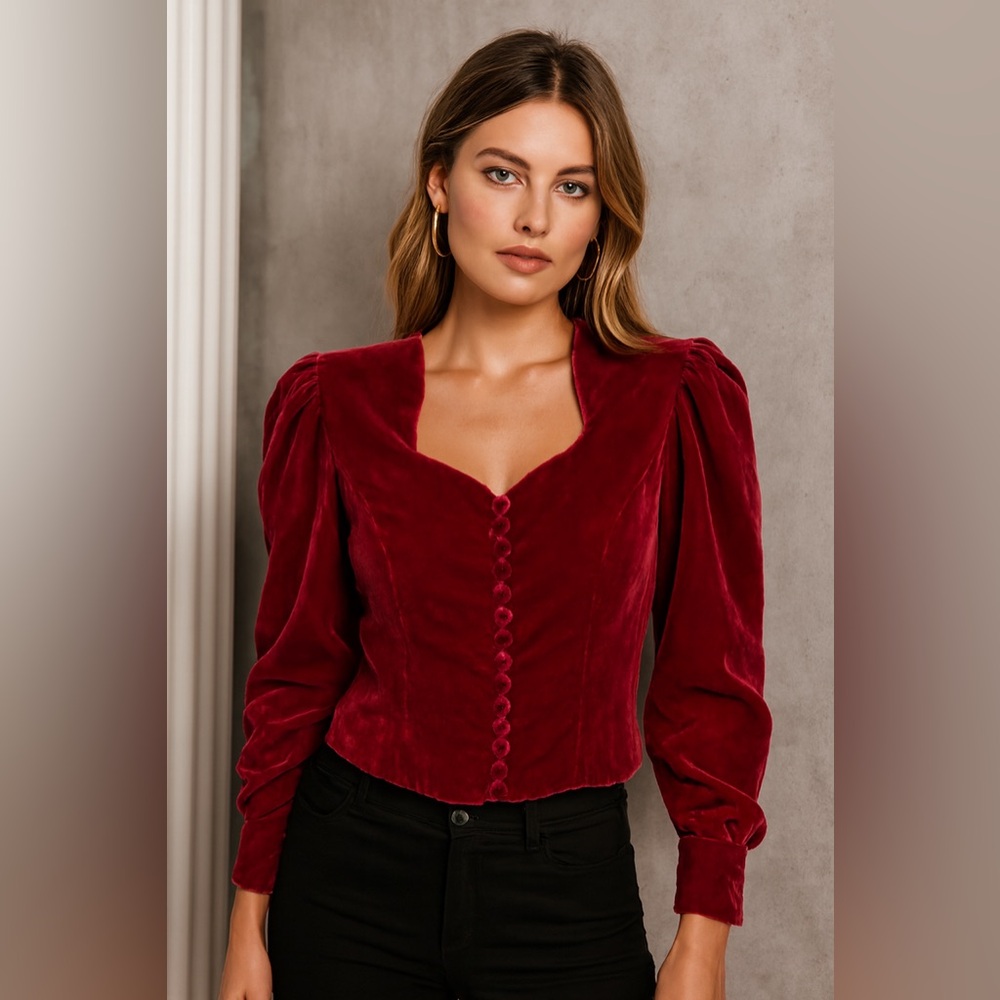 Burgundy Velvet Corset Blouse Puff Sleeve Square Neck Vintage-Inspired Top xs